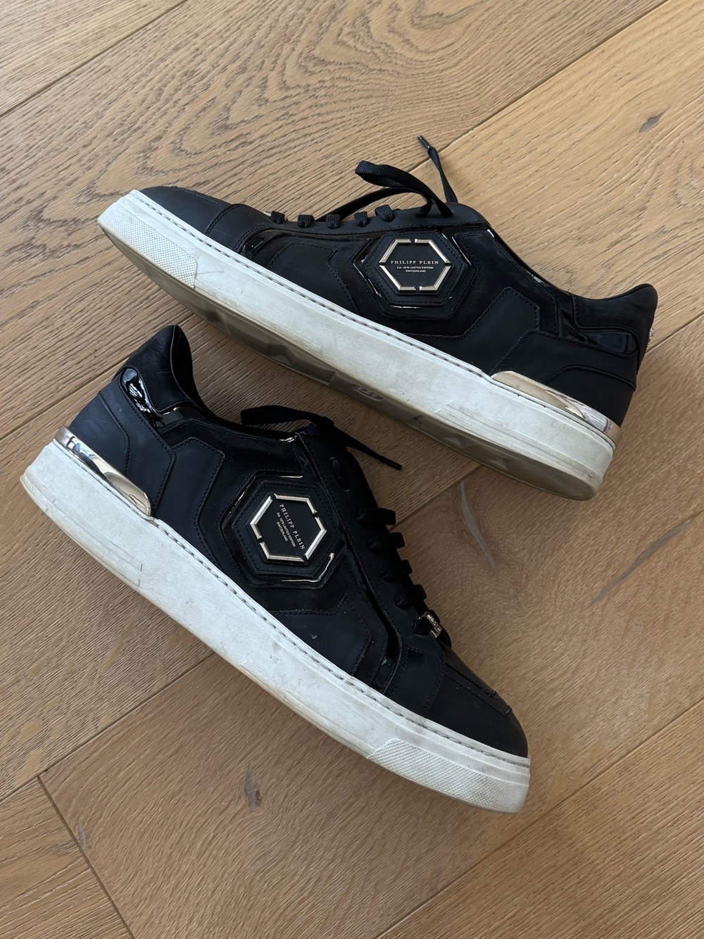 Philipp Plein Leather Lo-Top Sneaker Hexagon Black Size 45